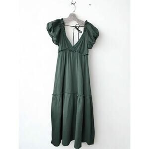NWT Listicle Dark Green Gauze Tiered Midi Dress Small Smocked Puff Sleeve